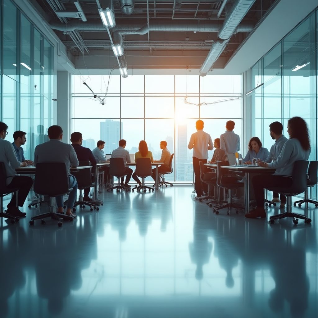 Modernes Büro von VerdiTech Solutions mit kollaborativem Team